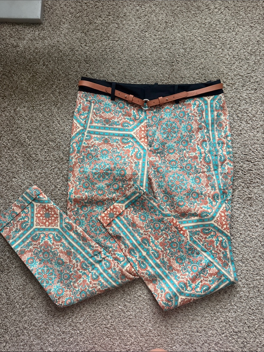 Zara Printed Chinos in Teal, Tan & Coral